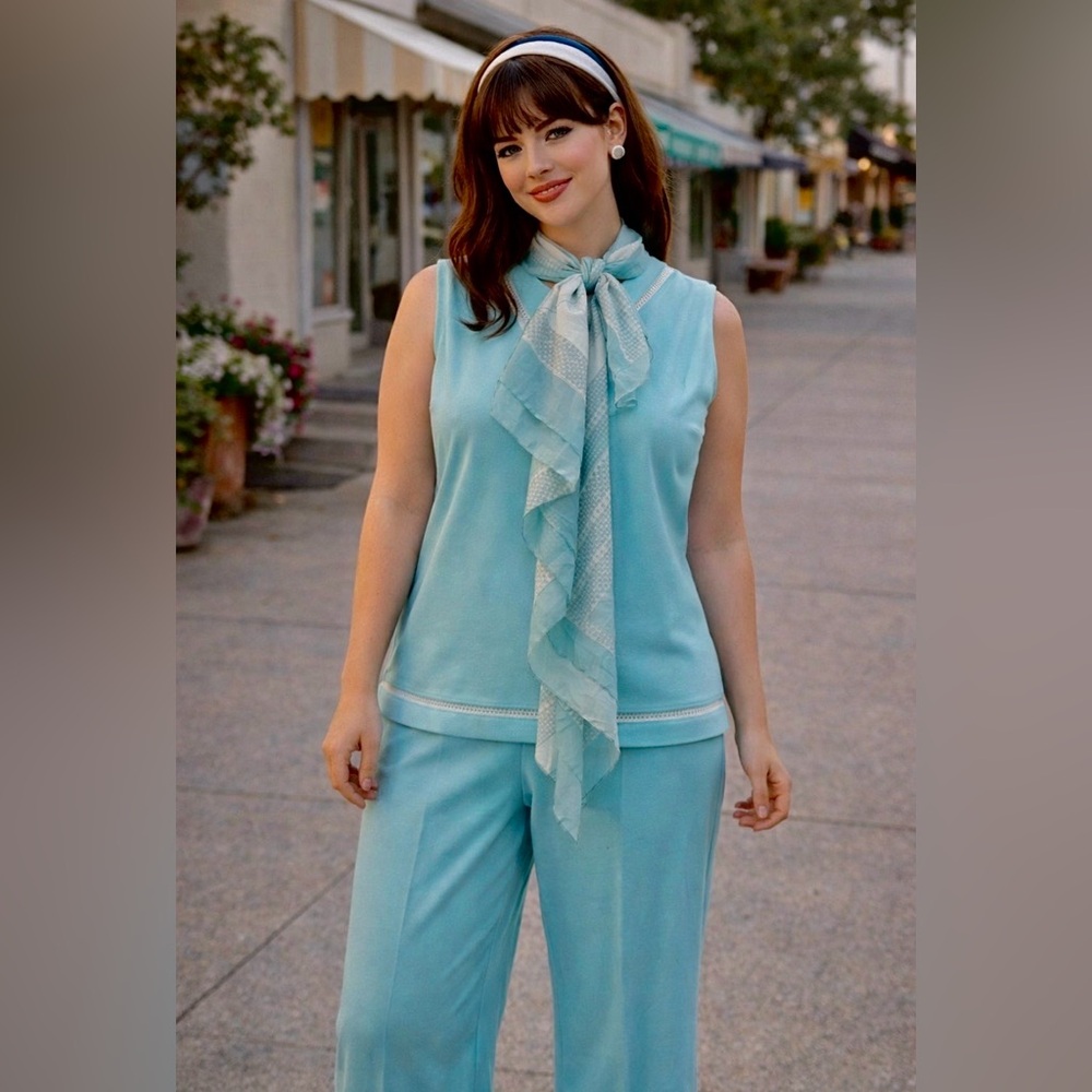 *Vintage 60’s 70’s, Tiffany blue color -2 piece pantsuit -polyester